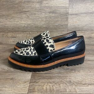 Halogen Leopard Calf Hair Chunky Studded Loafer Black Leather Animal Print W6